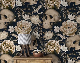 Dark Floral Skull Wallpaper: Gothic Peony Peel and Stick Wall Mural