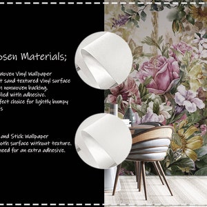 May include: Two samples of wallpaper, one with a light sand textured vinyl surface and the other with a smooth surface. The text describes the materials and application of each type of wallpaper. The image also shows a floral wallpaper mural with a chair in front of it.
