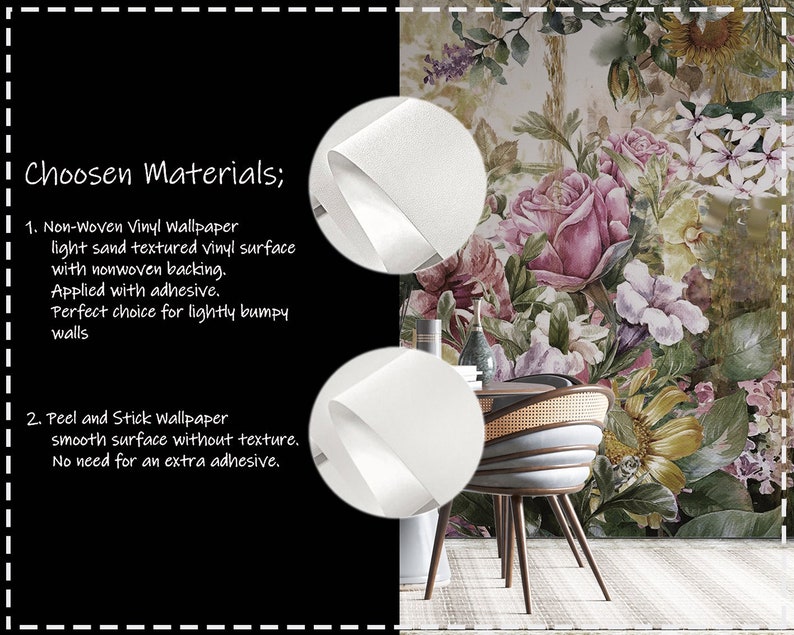 May include: Two samples of wallpaper, one with a light sand textured vinyl surface and the other with a smooth surface. The text describes the materials and application of each type of wallpaper. The image also shows a floral wallpaper mural with a chair in front of it.