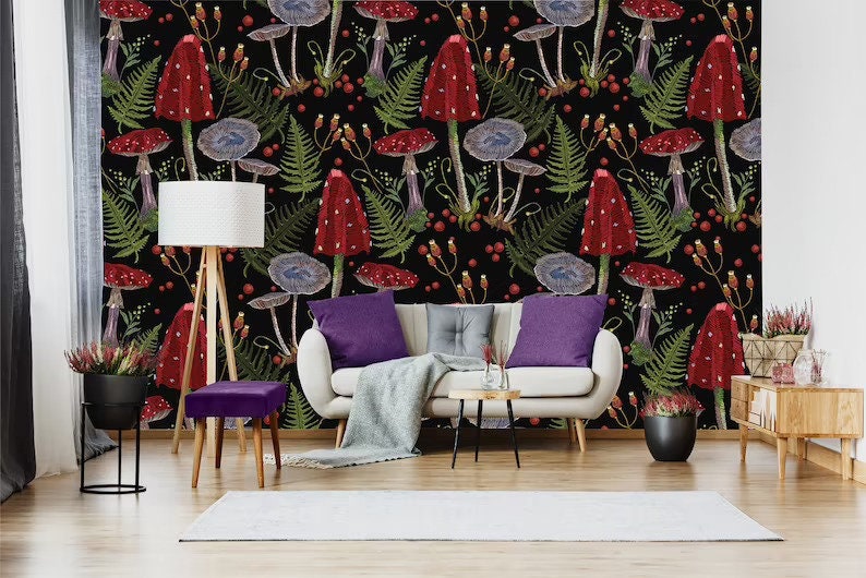 Mushroom Wallpaper Mushroom Wallmural / Peel and Stick - Etsy