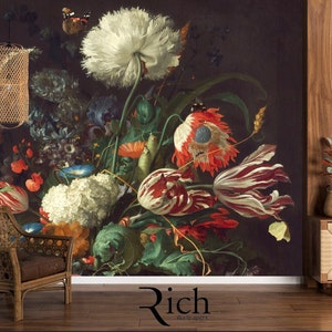 Tulips and roses. Still life. In the style of old Dutch masters. oil paint /peel and stick wallpaper vinyl wallpaper wallpaper room