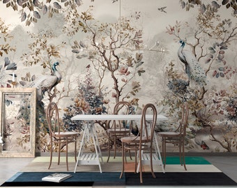Peacock Wallpaper: Vintage Chinoiserie, Watercolor Style (Peel and Stick)
