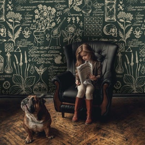 Green and Beige Medicine and Herbal Theme Wallpaper | Retro Style Mural | Peel and Stick Wallpaper | Removable Wallpaper