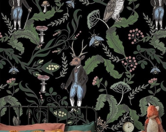 Mushroom Forest Wallpaper • Botanical Woodland Animals Peel and Stick Wall Mural