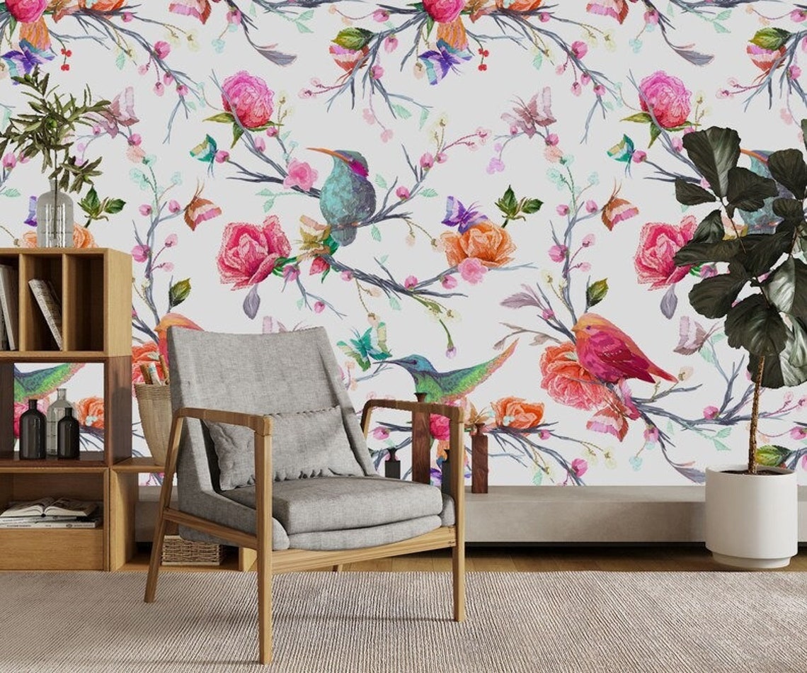 Colourful Bird Wallpaper Floral Wallpaper Floral Wall Mural Etsy