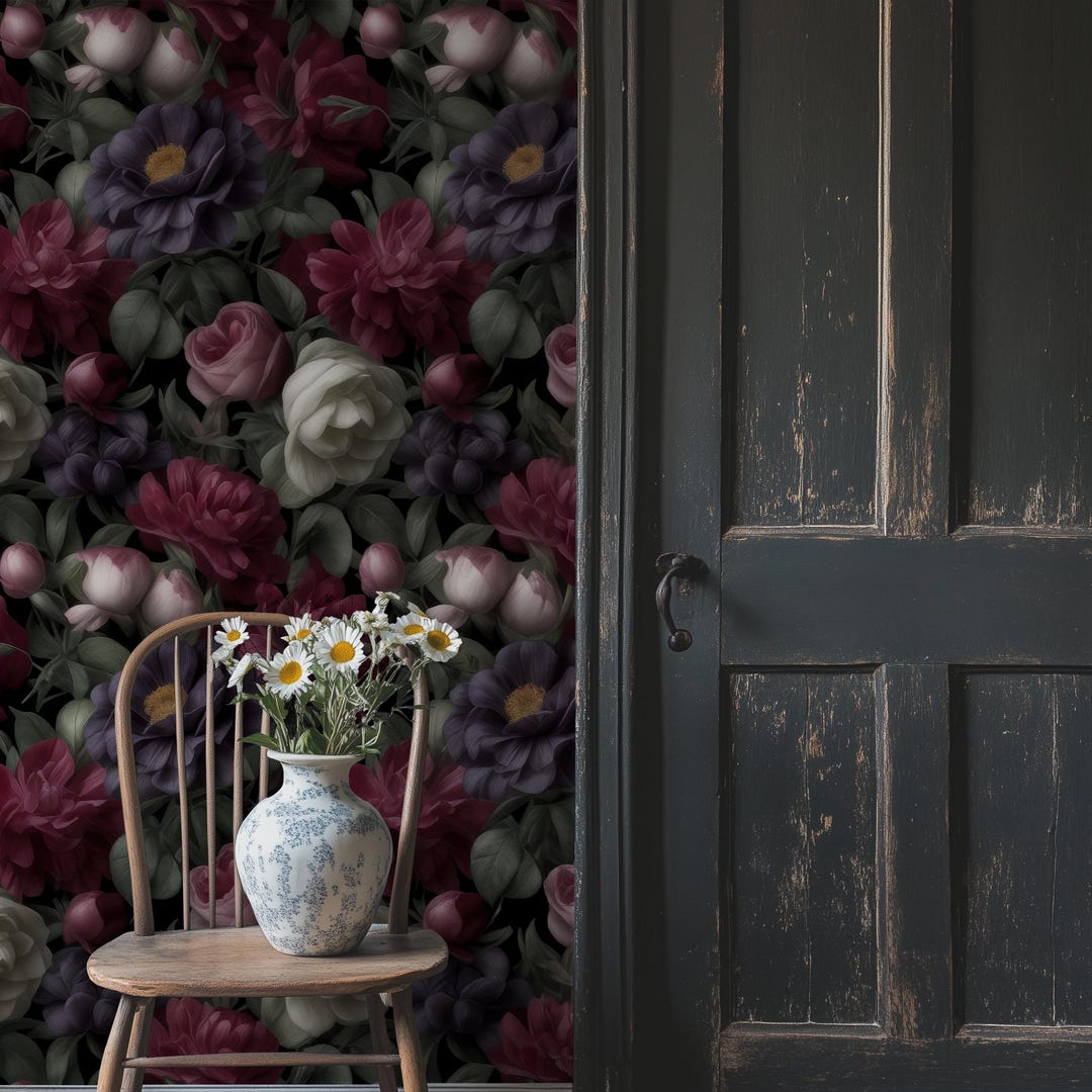 Dark Floral Peel and Stick Wallpaper: Moody Botanical Wall Art - Etsy