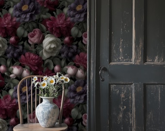 Dark Floral Peel and Stick Wallpaper: Moody Botanical Wall Art