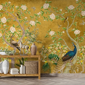 Carta da parati Chinoiserie, murale pavone, carta da parati vintage, carta da parati Chinoiserie staccabile e adesiva, carta da parati con uccelli e fiori, murale