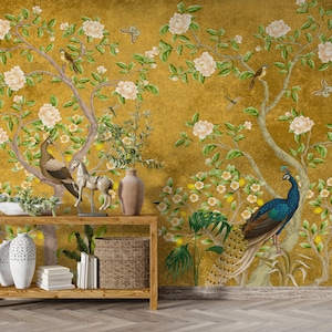 Chinoiserie Wallpaper, Peacock Wall Mural, Wallpaper Vintage, Chinoiserie Wallpaper Peel and Stick, Wallpaper With Birds and Flowers, Mural