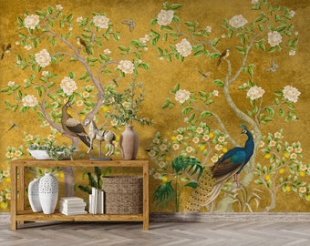 Peacock Chinoiserie Wallpaper: Vintage Floral Wall Mural, Peel and Stick