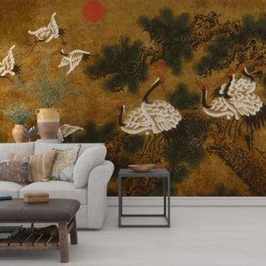 Heron Print Wallpaper, Crane Wallpaper, Removable Wallpaper, Tropical Wallpaper, Wall Mural