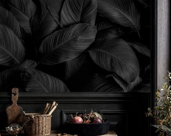 Black Tropical Leaf Wallpaper, Monochrome Banana Leaf Botanical Mural