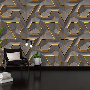 Gold Decor 3D Gray Panels. Shaded and Glossy Geometric Modules. Geometric  Pattern/ peel and stick wallpaper vinyl wallpaper wallpaper room