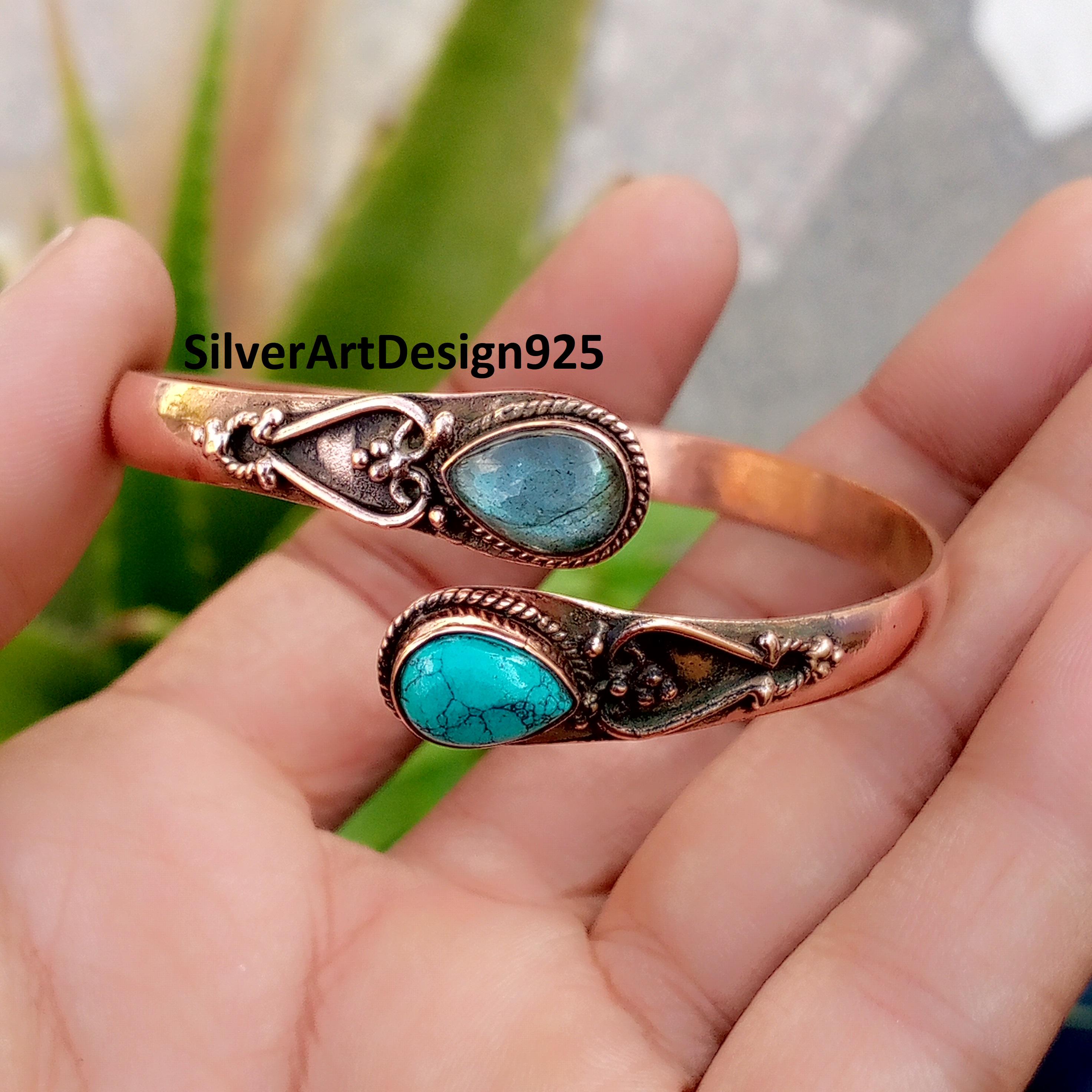 Blue Turquoise& Labradorite Bangle, 925 Sterling Silver, Pure