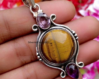 Tiger Eye And Amethyst Pendant, 925 Staling Silver Pendant, Handmade Pendent, Necklace & Pendant Worry Less Pendant Love Gift Silver Pendant