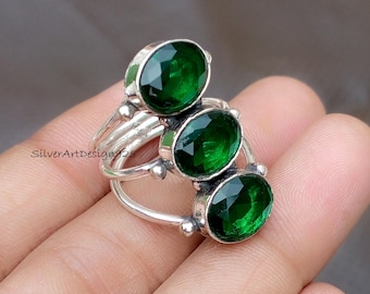 Green Emerald Ring, 925 Solid Silver, Three Beautiful Gemstone Ring, Handmade Ring, Pretty Ring, Statement Ring, Dainty Gift For Anniversary