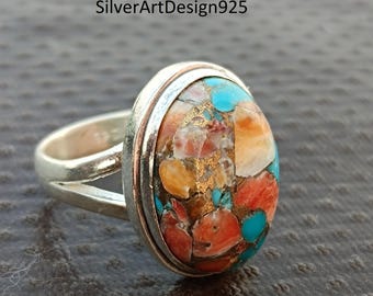 Oyster Copper Turquoise Silver Ring, 925 Solid Silver Ring, Gemstone Ring, Handmade Jewelry, Meditation Ring, Statement Ring, Her Gift Ring,