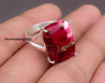 Red Rose Dahlia Turquoise Ring, Statement Ring, 925 Sterling Silver, Handmade Jewellery, Cushion Stone Ring, Engagement Ring, Pretty Ring,