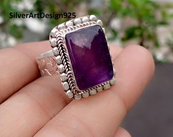 Genuine Amethyst Gemstone Ring, 925 Sterling Silver Ring, Rectangle Shape Ring, Handmade Statement Jewellery,  Woman Ring, Gift For Her,