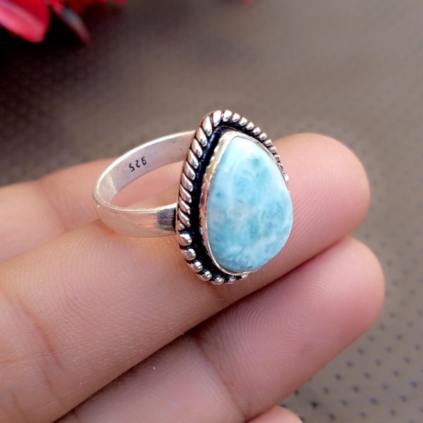 Natürlicher Larimar Stein Ring, 925 Sterling Silber Ring, Handmade- Statement Ring, Unisex Ring, Vintage Edelstein Ring, ethnischer Frauenring