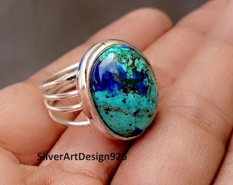 Azurite-Malachite Gemstone Ring, 925 Sterling Silver Ring, Handmade- Statement Ring, Unisex Ring, Classic Gemstone Ring, Gift For Christmas