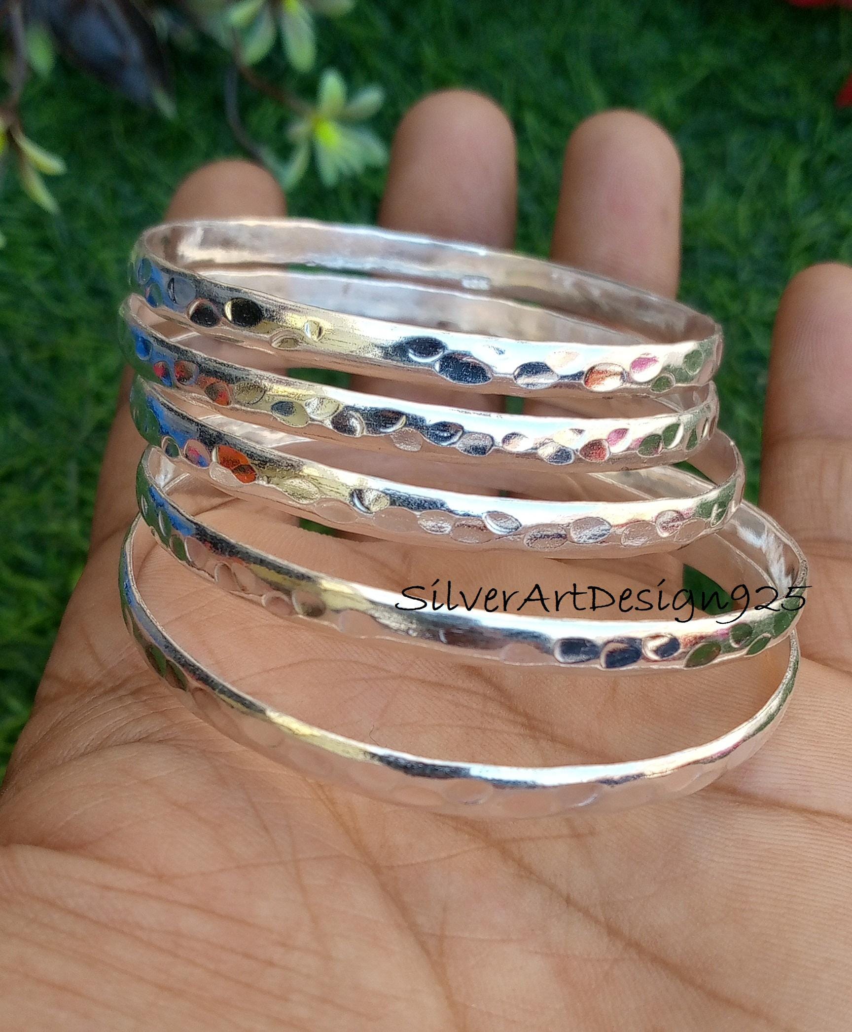 05 Set of Hammered Bangle, 925 Sterling Silver Bengal, Silver