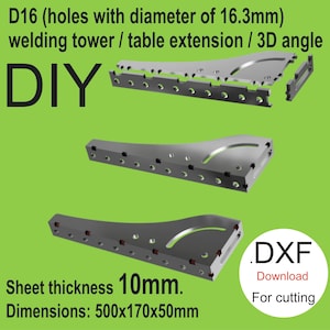 Puede incluir: Una representación 3D de una extensión de torre de soldadura de metal con agujeros para montaje. La extensión mide 500 mm x 170 mm x 50 mm y tiene un grosor de chapa de 10 mm. El texto "DIY" y ".DXF Descargar Para cortar" también es visible.