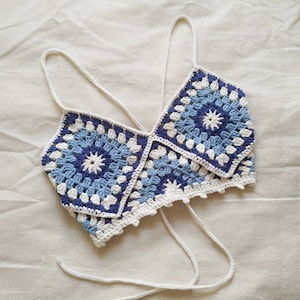 Crochet Crop Top, Summer Mini Top, Halter Crop Top, Bohemian Festival Top, White and Blue Crop Top