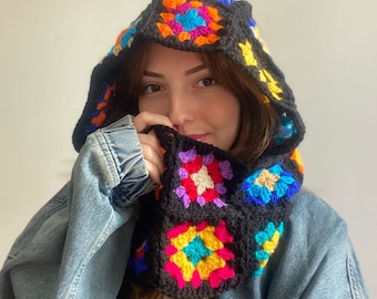 Crochet Balaclava, Colorful Oversize Balaclava, Granny Square Balaclava, Hanmade Hoodie, Handknit Balaclava, Black Balaclava