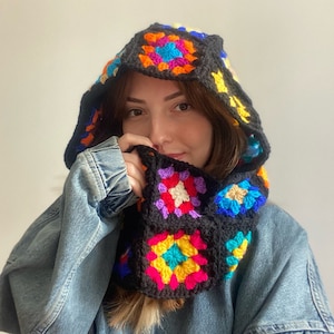 Crochet Balaclava, Colorful Oversize Balaclava, Granny Square Balaclava, Hanmade Hoodie, Handknit Balaclava, Black Balaclava