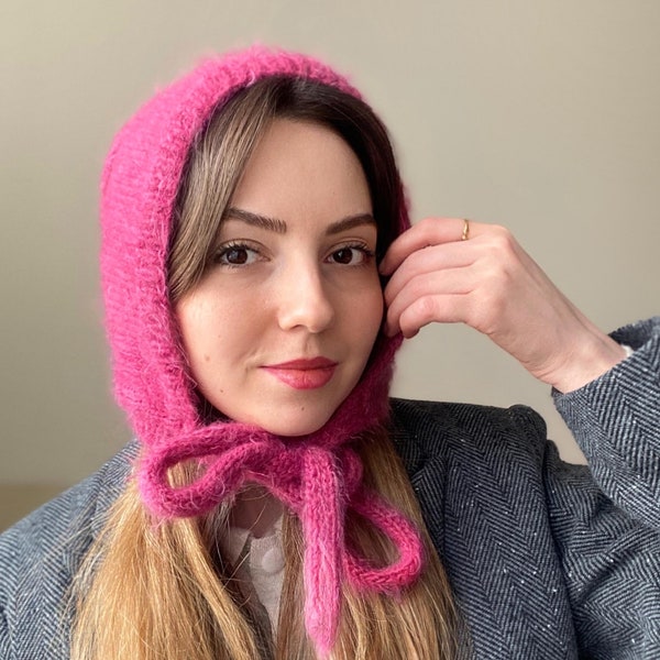 Knit Adult Bow Tie Bonnet, Purple Bonnet, Cozy and Soft Bonnet, Winter Warm Hat, HandKnit Balaclava, Unique Gift
