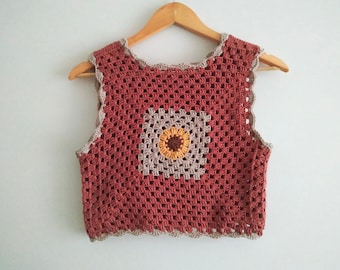 Crochet Crop Top, Granny Square Vest, Crochet Vest, Knit Bohemian Top, Floral Crochet Top