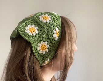 Bandana au crochet, bandeaux verts, foulard marguerite au crochet, bandana carré grand-mère, bandana pour cheveux à fleurs, bandana vert