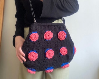 Crochet Bag, Crochet Rose Bag, Crochet Tote Bag, Black Pink Bag, Crochet 3D Rose Bag, Handknit Tote Bag