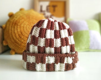 Crochet beanie, checkered beanie, handmade wool beanie, hat for winter, brown and cream beanie, unisex hat