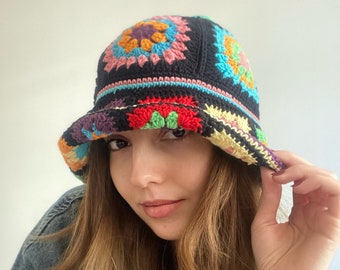 Crochet Granny Square Bucket Hat: Handmade Colorful Fall Hat