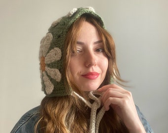 Cagoule au crochet, bonnet floral marguerite, bonnet bohème, chapeau chaud d'hiver fait main, bonnet tricoté main