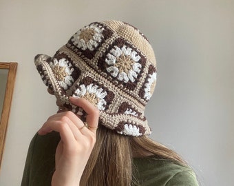 Crochet Granny Square Bucket Hat: Handknit Hat, Brown Floral Daisy Design