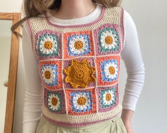 Crochet Sun Vest, GunesCrafts Style Sun Vest, Handknitted Sweater Vest, Colorful Vest, Cute Vest, Floral Granny Square Vest