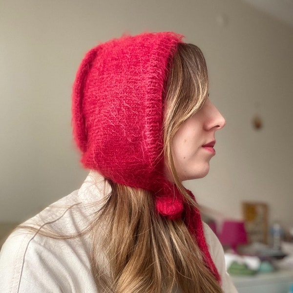 Bonnet tricoté main avec noeud papillon pour adulte, Bonnet rouge, Bonnet confortable et doux, Bonnet d'hiver chaud, Cagoule tricotée à la main, Cadeau de Noël