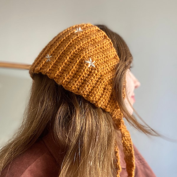 Crochet Bonnet, Yellow Bonnet, Bohemian Floral Bonnet Hat, Handmade Winter Warm Hat, Handknit Bonnet, GunesCrafts Style Bonnet