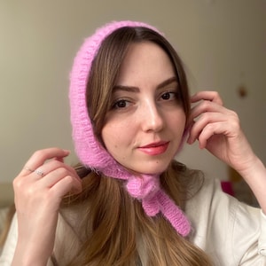 Hand-Knitted Adult Bow Tie Bonnet, Pink Bonnet, Cozy and Soft Bonnet, Winter Warm Hat, HandKnit Balaclava, Christmas Gift
