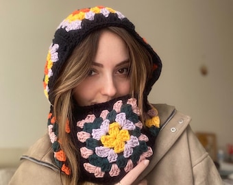 Balaclava de crochê, balaclava quadrada da vovó, capuz de inverno colorido, chapéu exclusivo, balaclava quente e aconchegante, presente de Natal