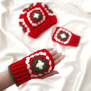 Conjunto de gorro y guantes sin dedos de crochet, gorro cuadrado de abuela para Navidad, manoplas de crochet fáciles, regalo de Navidad, calentador de muñecas