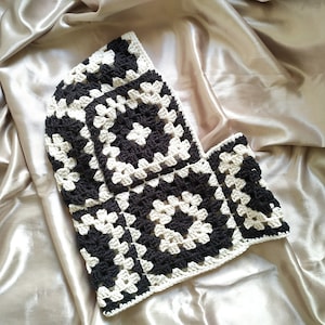 Crochet Granny Square Balaclava, Handmade Black And White Balaclava, Crochet Winter Hoodie, Unisex Balaclava