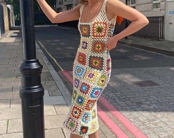 Crochet Midi Dress, Granny Square Bohemian Dress, Colorful Dress, Summer Dress, Festival Maxi Dress