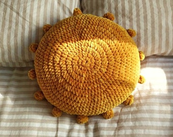 Sun Pillow, Crochet Pillow, Handmade Pillow, Plush Sun Decorative Pillow, Round Sun Pillow, Stuffed Pillow, Gift for Her