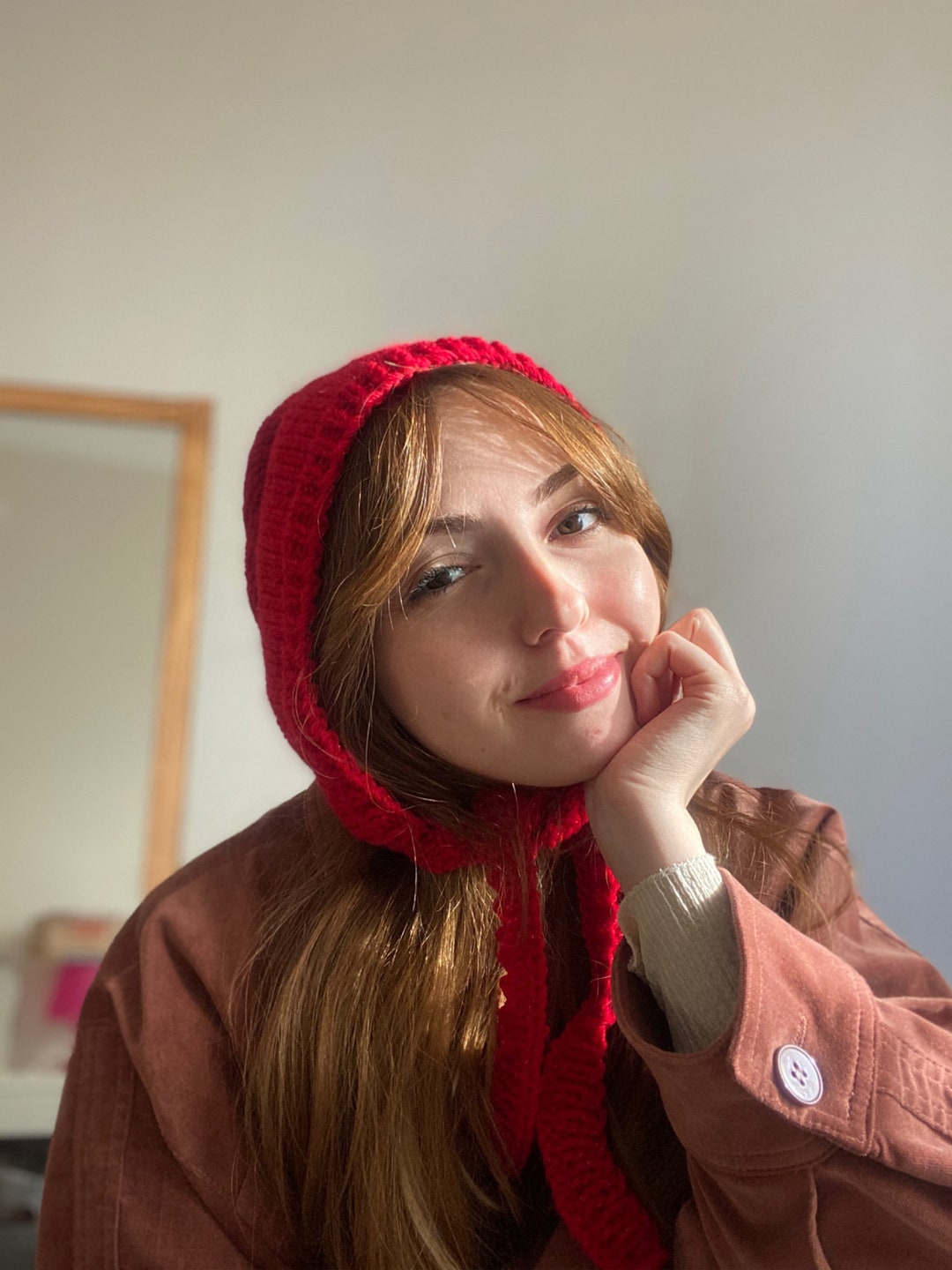 Handknit Bonnet, Red Bonnet, Bohemian Bonnet Hat, Handmade Handknit Bonnet, Red Bonnet, Bohemian Bonnet Hat, Handmade