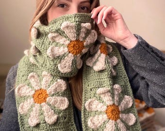 Crochet Floral Scarf, 3D Flower Scarf, Green Daisy Scarf, Cozy and Soft Crochet Shawl, Floral Knit Long Scarf, Gunes Crafts Style Scarf