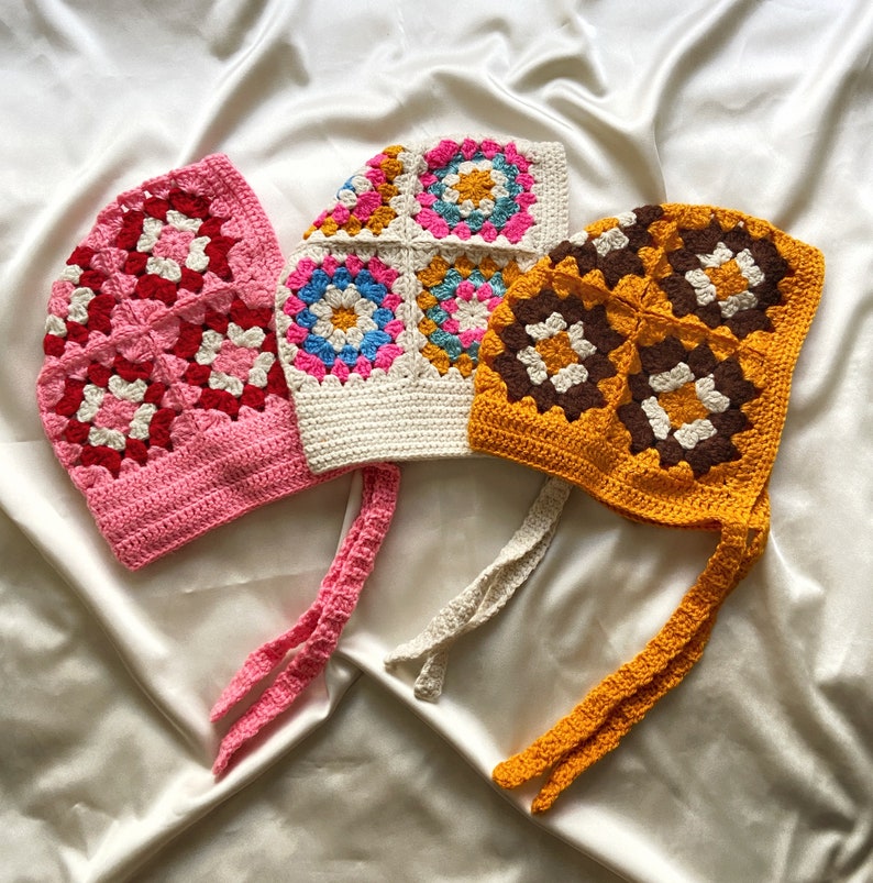 Handmade Crochet Granny Square Bonnet, Pink Bohemian Tie Hat - Etsy